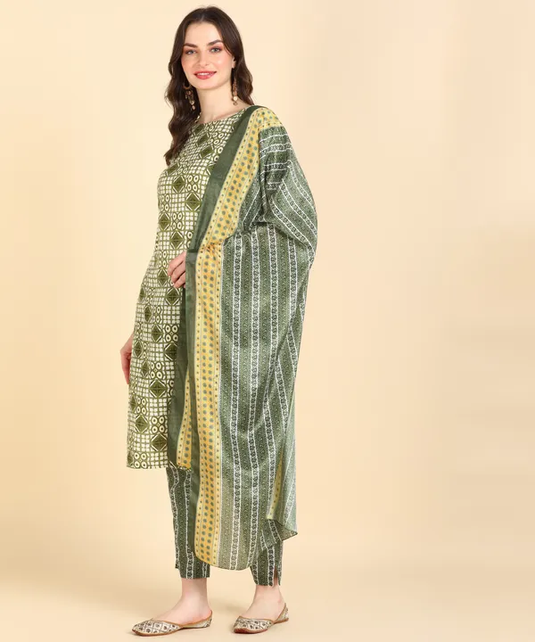 Olive_Cotton_Printed_Kurti_Pant_With_Dupatta_Set
