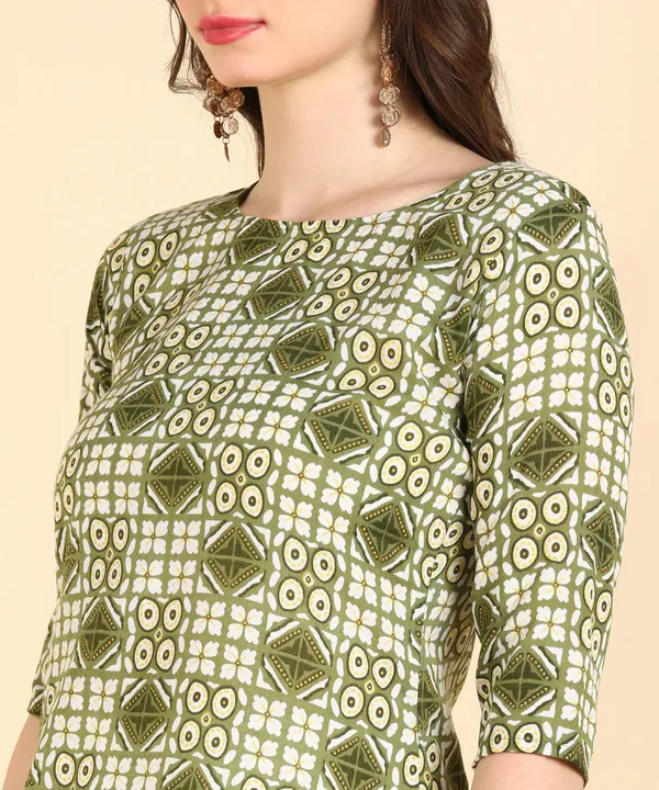 Olive_Cotton_Printed_Kurti_Pant_With_Dupatta_Set