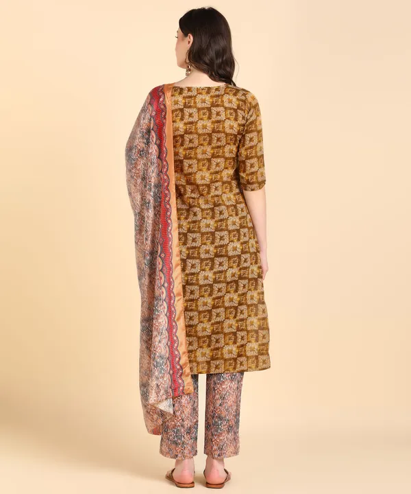 Brown_Cotton_Printed_Kurti_Pant_With_Dupatta_Set