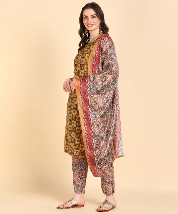 Brown_Cotton_Printed_Kurti_Pant_With_Dupatta_Set