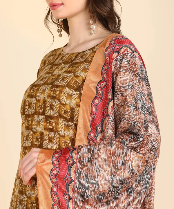 Brown_Cotton_Printed_Kurti_Pant_With_Dupatta_Set