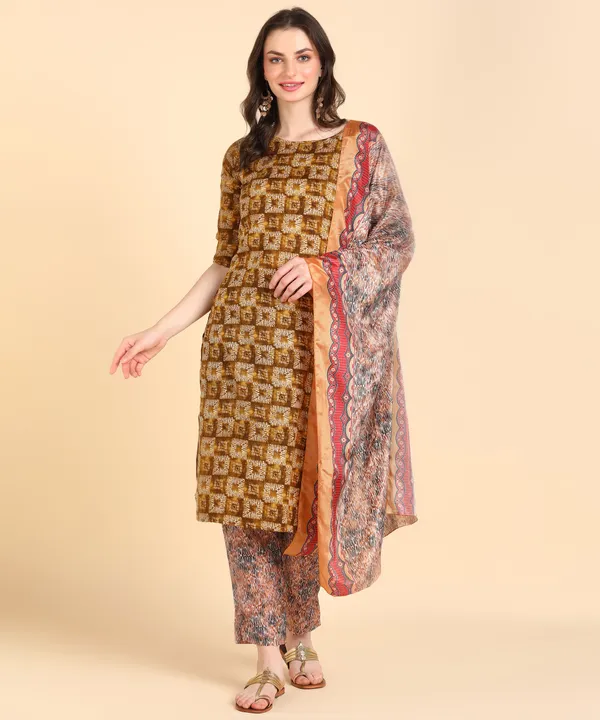 Brown_Cotton_Printed_Kurti_Pant_With_Dupatta_Set