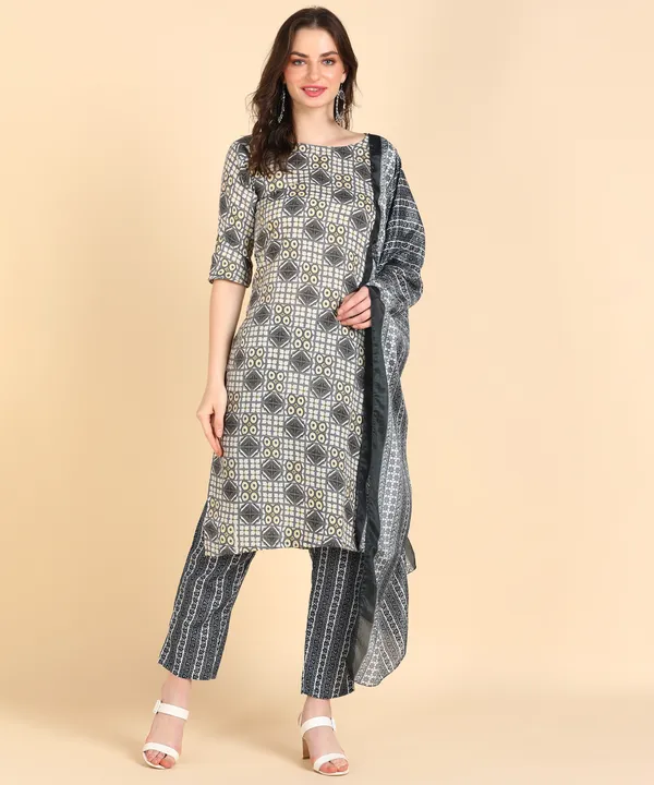 Grey_Cotton_Printed_Kurti_Pant_With_Dupatta_Set