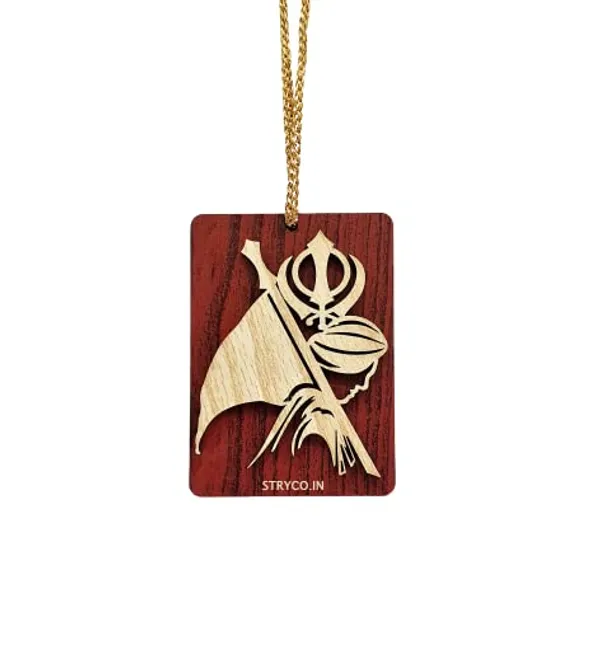 Beige_&_Rosewood_Thick_3D_Nishan_Sahib_Flag_Sikh_Car_Mirror_Hanging__Jhanda_Sahib__Spiritual_Gift_Item__Dual_Sided_Wooden_Sikh_Car_Hanging_Ornament