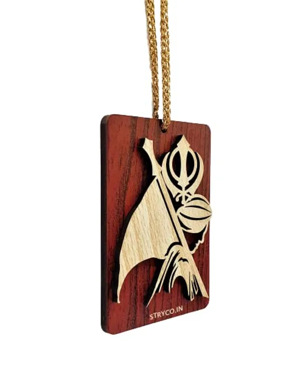 Beige_&_Rosewood_Thick_3D_Nishan_Sahib_Flag_Sikh_Car_Mirror_Hanging__Jhanda_Sahib__Spiritual_Gift_Item__Dual_Sided_Wooden_Sikh_Car_Hanging_Ornament