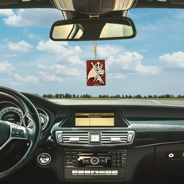 Beige_&_Rosewood_Thick_3D_Nishan_Sahib_Flag_Sikh_Car_Mirror_Hanging__Jhanda_Sahib__Spiritual_Gift_Item__Dual_Sided_Wooden_Sikh_Car_Hanging_Ornament