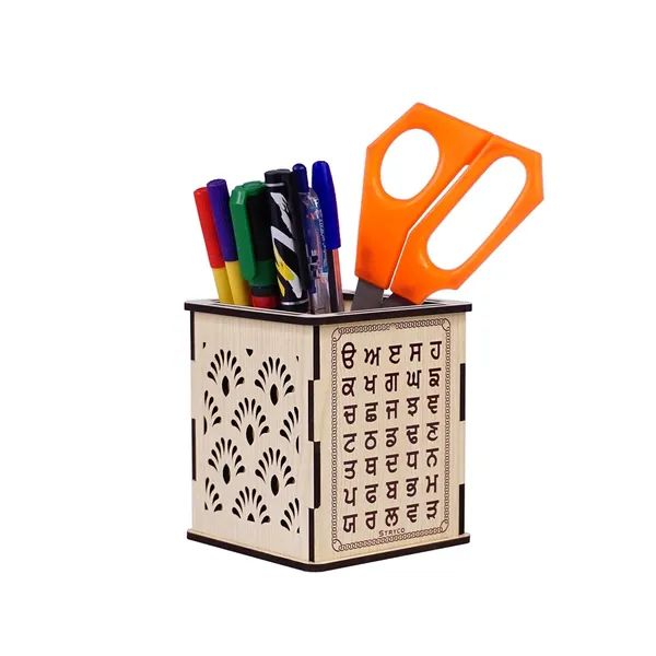 Cream_Gurmukhi_Lipi_Wooden_Penstand__Punjab_Gifts__Uda_Aida_Home_Decor__Compact_Table_Desk_Organizer__Pen_And_Pencil_Holder_For_Office/Study_Table
