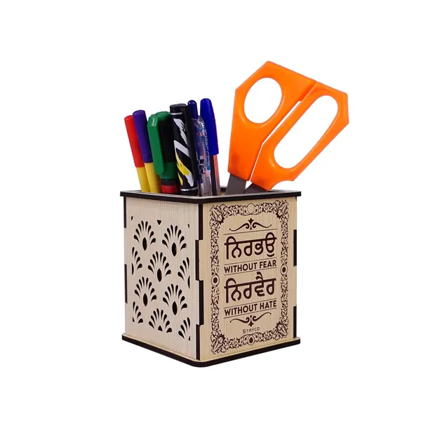 Cream_Nirbhau_Nirvair_Wooden_Penstand__Punjab_Gift_Item__Sikh_Home_Decor__Compact_Table_Desk_Organizer__Pen_And_Pencil_Holder_For_Office/Study_Table