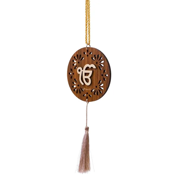 Beige_&_Rosewood_3.5x3.5_Inches_Thick_3D_Ik_Onkar_Punjabi_Car_Rear_View_Mirror_Hanging_|_Dual_Sided_Car_Decor_Accessory_|_Spiritual_Gift_Item_|_Wooden_Sikh_Car_Hanging_Ornament