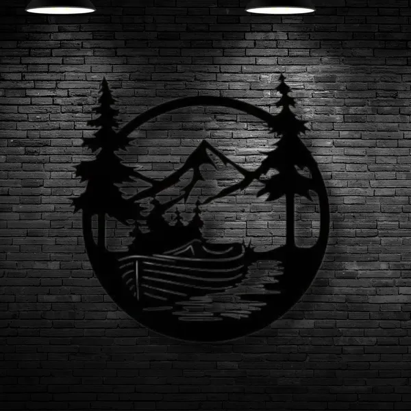 Metal_Wall_Art_for_Home_Decoration__|_Drift_Boat_Mountain__|_Black