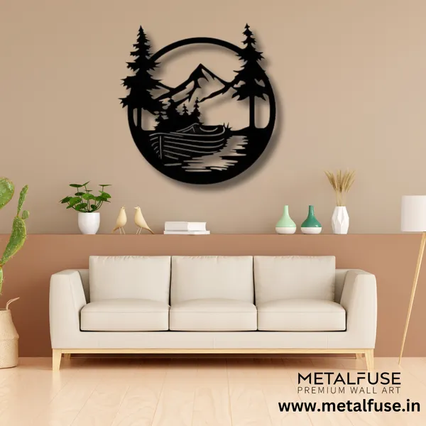 Metal_Wall_Art_for_Home_Decoration__|_Drift_Boat_Mountain__|_Black