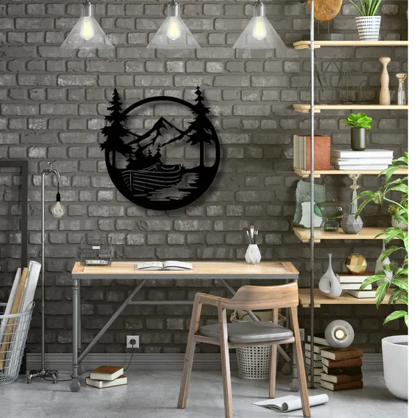 Metal_Wall_Art_for_Home_Decoration__|_Drift_Boat_Mountain__|_Black