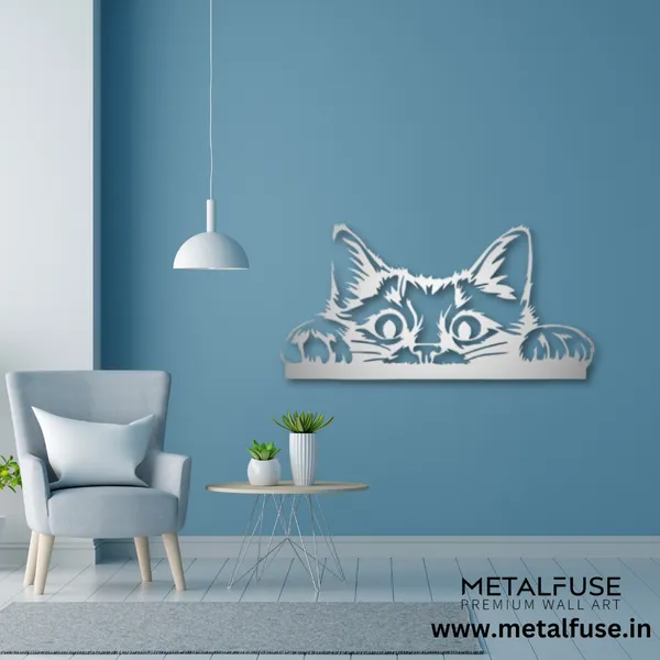 Metal_Wall_Art_for_Home_Decoration__|_Peeking_Cat__|_Silver