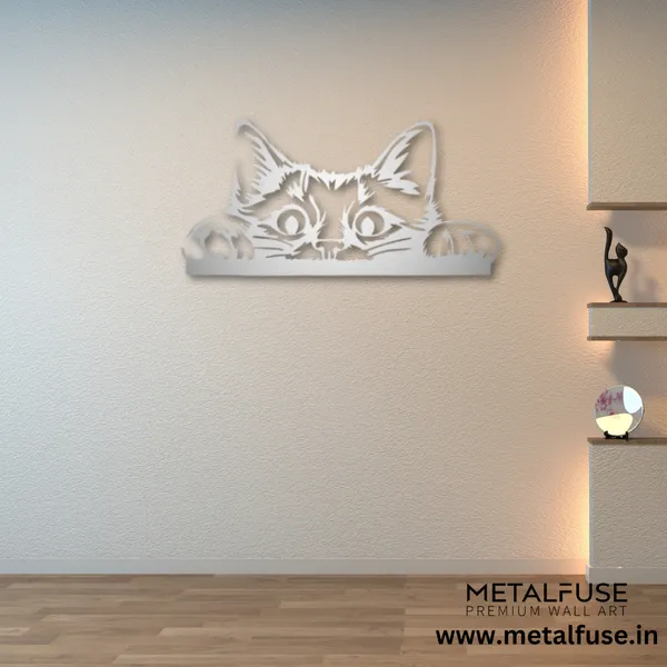 Metal_Wall_Art_for_Home_Decoration__|_Peeking_Cat__|_Silver