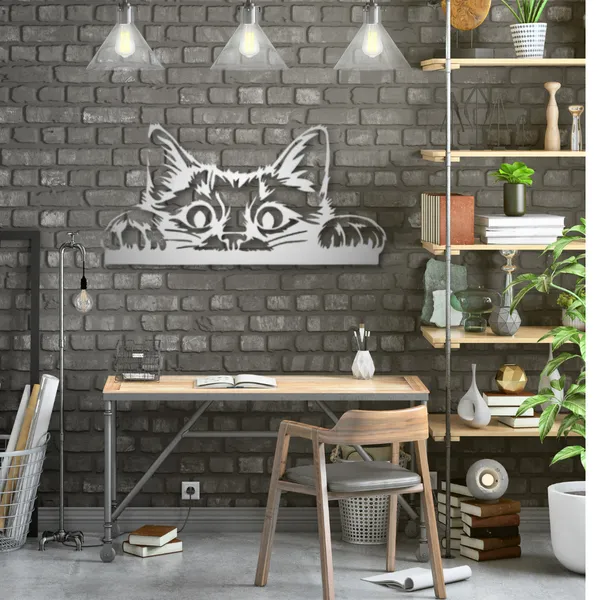 Metal_Wall_Art_for_Home_Decoration__|_Peeking_Cat__|_Silver