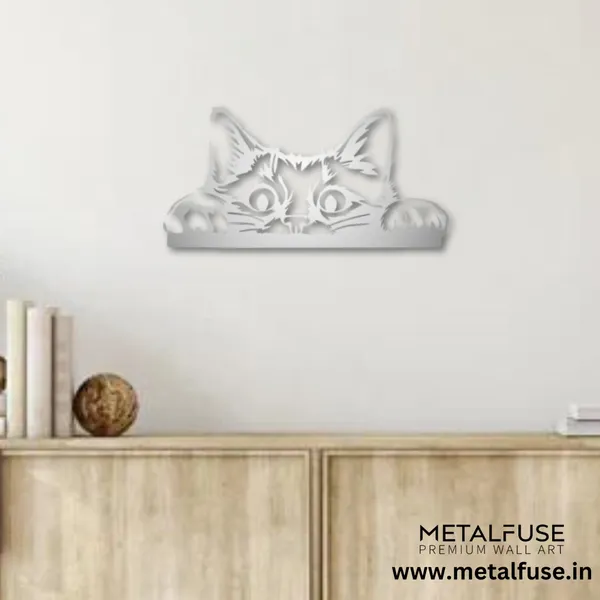Metal_Wall_Art_for_Home_Decoration__|_Peeking_Cat__|_Silver