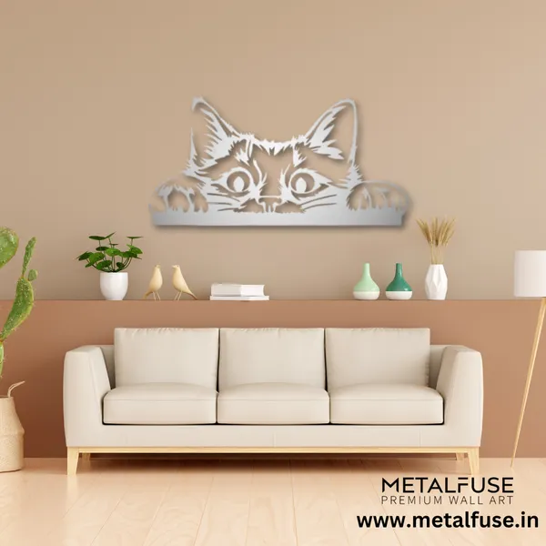 Metal_Wall_Art_for_Home_Decoration__|_Peeking_Cat__|_Silver