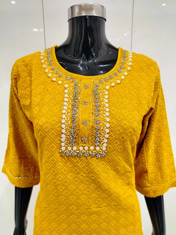 Mustard_3_Pcs_Kurti_Pant_Ryon_Chicken_Kari_For_Women