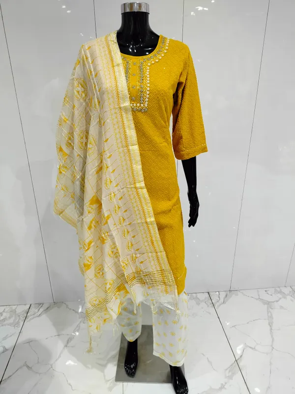 Mustard_3_Pcs_Kurti_Pant_Ryon_Chicken_Kari_For_Women