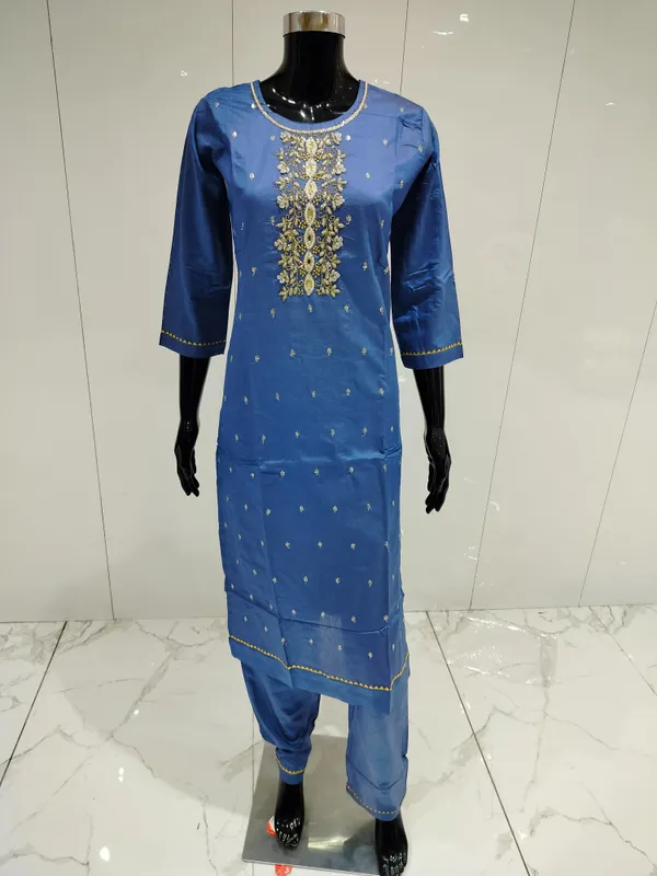 Blue_3_Pcs_Kurti_Pant_Roman_Silk_Hand_Work_And_Embriodery_Work_For_Women