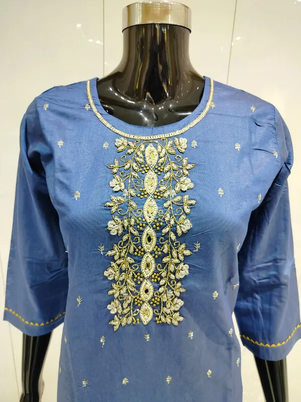 Blue_3_Pcs_Kurti_Pant_Roman_Silk_Hand_Work_And_Embriodery_Work_For_Women