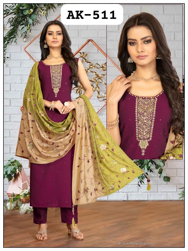 Maroon_3_Pcs_Kurti_Pant_Roman_Silk_Hand_Work_And_Embriodery_Work_For_Women
