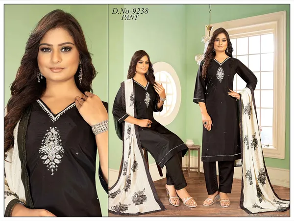 Black_3_Pcs_Kurti_Pant_Roman_Silk_Hand_Work_And_Embriodery_Work_For_Women