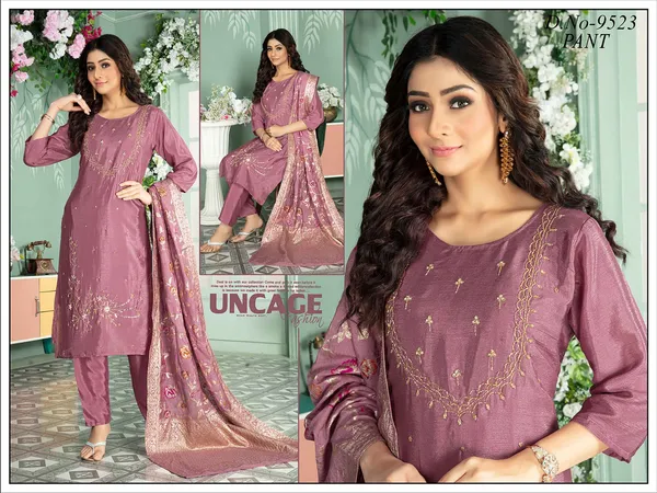 Onion_Pink_3_Pcs_Kurti_Pant_Roman_Silk_Hand_Work_And_Embriodery_Work_For_Women