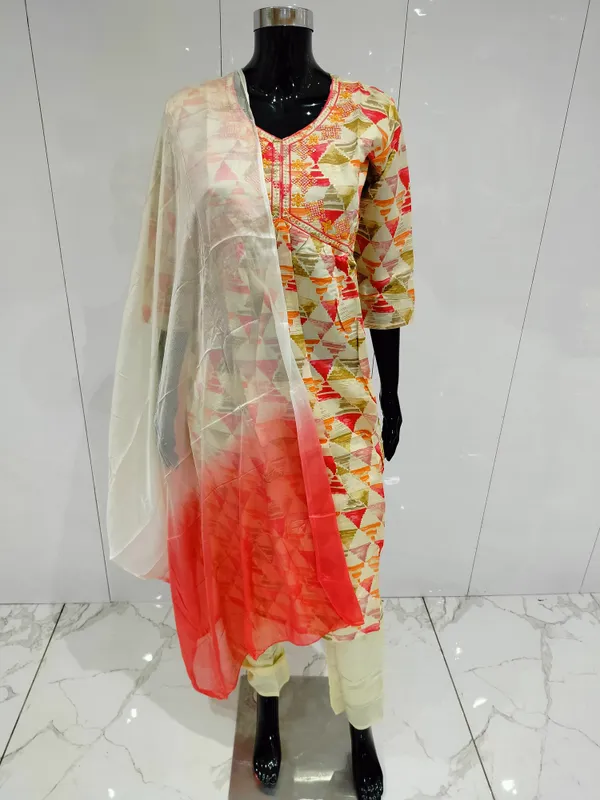 Cream_3_Pcs_Kurti_Pant_Roman_Silk_Print_And_Embriodery_Work_For_Women