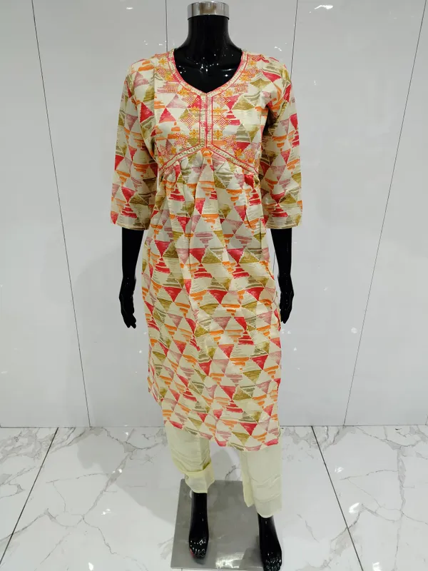 Cream_3_Pcs_Kurti_Pant_Roman_Silk_Print_And_Embriodery_Work_For_Women