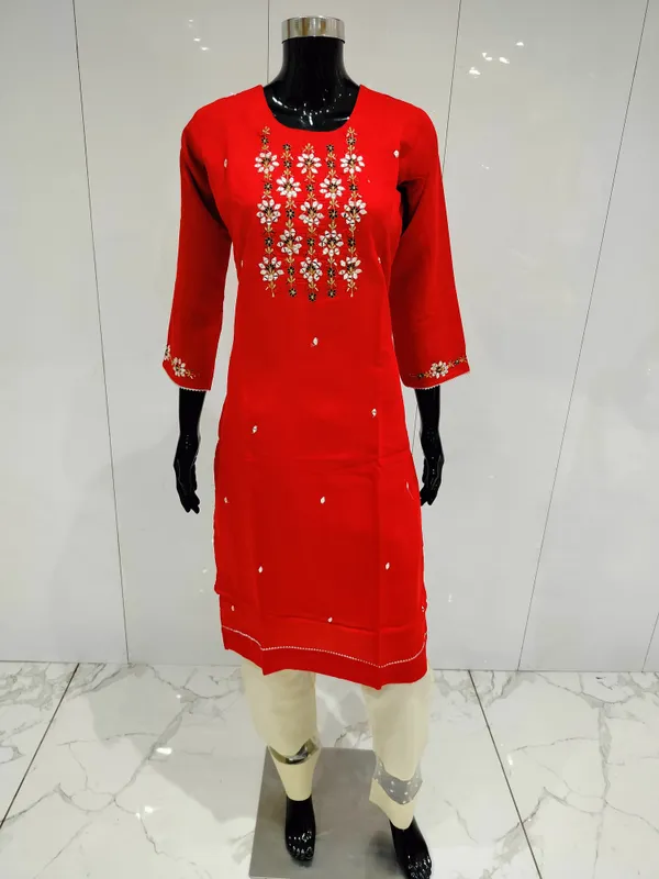 Red_3_Pcs_Kurti_Pant_Silk_Embriodery_Work_For_Women