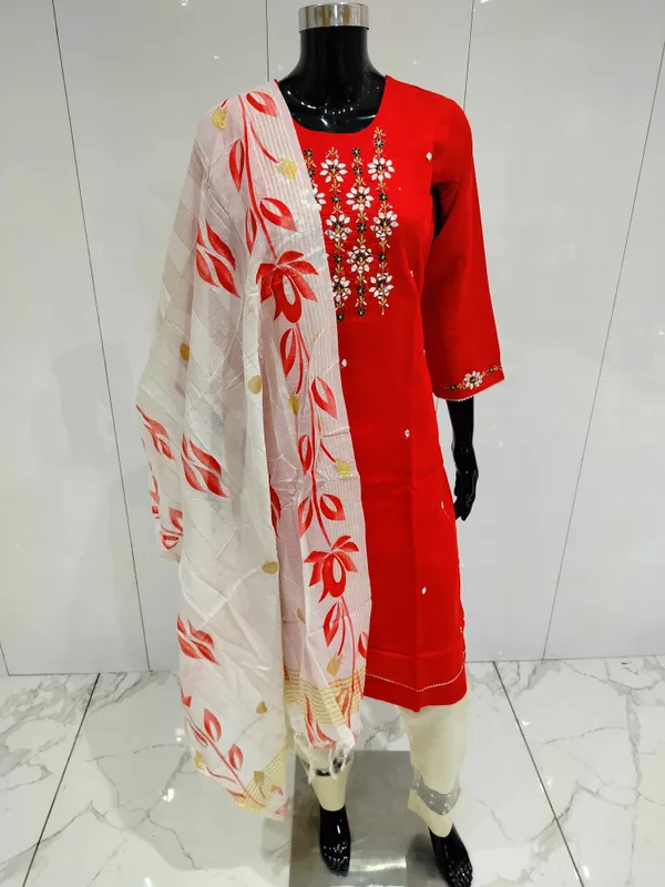 Red_3_Pcs_Kurti_Pant_Silk_Embriodery_Work_For_Women