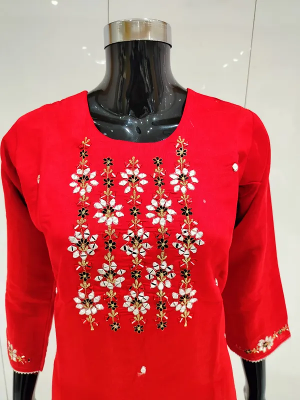 Red_3_Pcs_Kurti_Pant_Silk_Embriodery_Work_For_Women