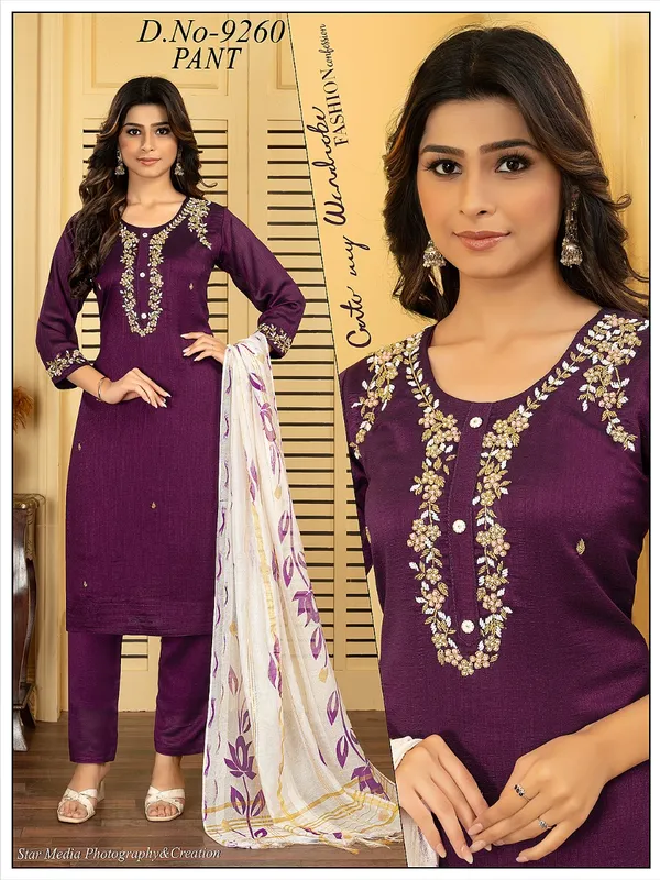 Magenta_3_Pcs_Kurti_Pant_Roman_Silk_Hand_Work_For_Women