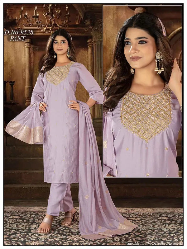 Lavender_3_Pcs_Kurti_Pant_Roman_Silk_Hand_Work_For_Women