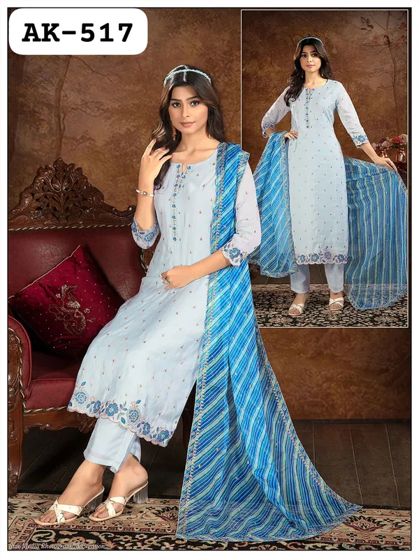 Sky_Blue_3_Pcs_Kurti_Pant_Roman_Silk_Embriodery_Work_For_Women