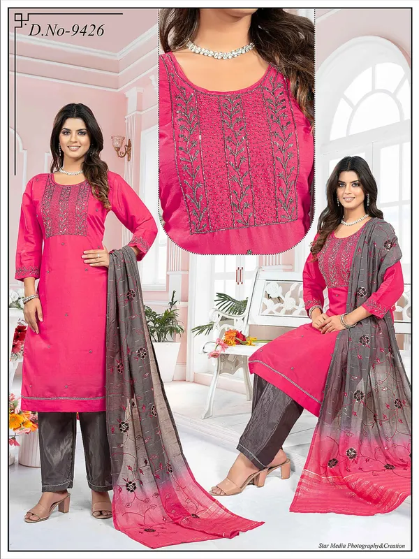 Red_3_Pcs_Kurti_Pant_Roman_Silk_Hand_Work_And_Embriodery_Work_For_Women