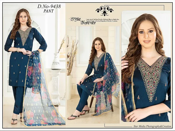 Blue_3_Pcs_Kurti_Pant_Roman_Silk_Hand_Work_And_Embriodery_Work_For_Women