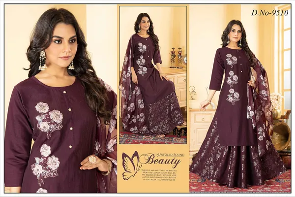Magenta_3_Pcs_Kurti_Pant_Roman_Silk_Embriodery_Work_For_Women