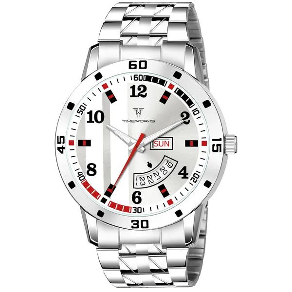 Timeworks_Designer_Day&Date_Round_White_Dial_Soft_Stainless_Steel_Chain_Men'S_&_Boy'S_Watch