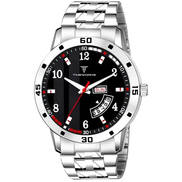 Timeworks_Designer_Day&Date_Round_Black_Dial_Stainless_Steel_Chain_Men'S_&_Boy'S_Watch