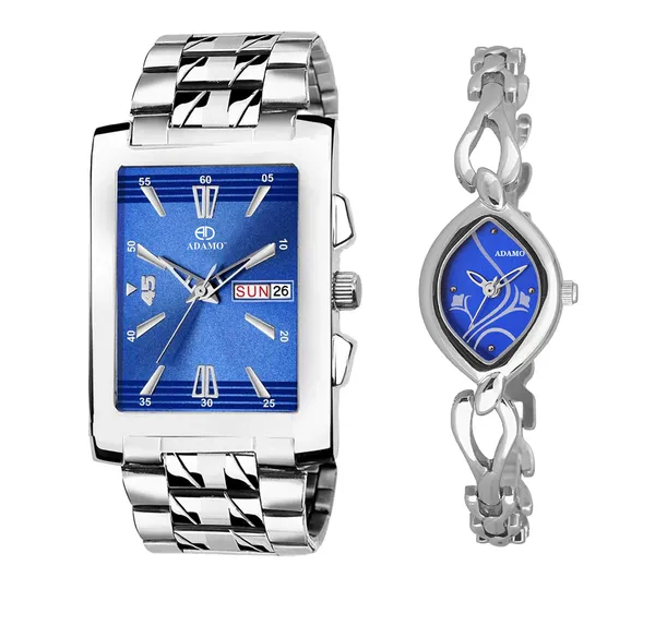 ADAMO Silver Blue Couple Combo Dial Day Date Men Women Watch 843SSM05 2455SM05 Price in India Buy ADAMO Silver Blue Couple Combo Dial Day Date Men
