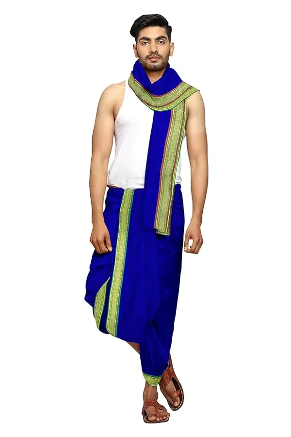 RAMESHWARAM FABRICS Blue Unstitched Silk Dhoti Set 4.2 Mtr Dhoti 2.2 Mtr Gamcha Set Ideal For Pooja Festival Price in India Buy RAMESHWARAM FABRICS Blue Unstitched Silk Dhoti