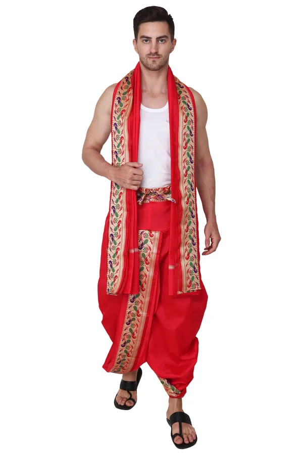 RAMESHWARAM FABRICS Red Readymade Dhoti For Men| Elastic Waistband Stitched  Mens Silk Dhoti Pant Set Price in India Buy RAMESHWARAM FABRICS Red