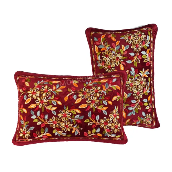 Set_Of_2_Maroon_velvet_Kashmiri_Kadhai_Design_Cushion_Cover_[12x18_Inches]