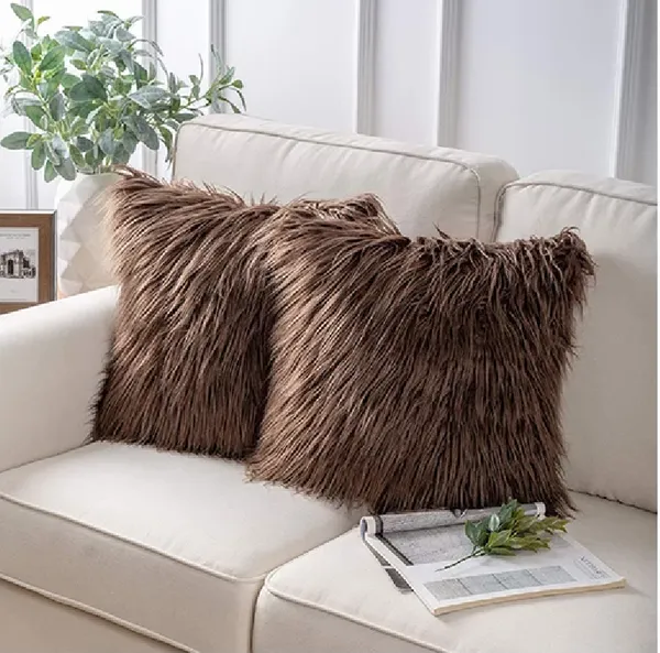 Set_Of_2_Brown_velvet_Long_Fur_Design_Cushion_Cover_[24x24_Inches]