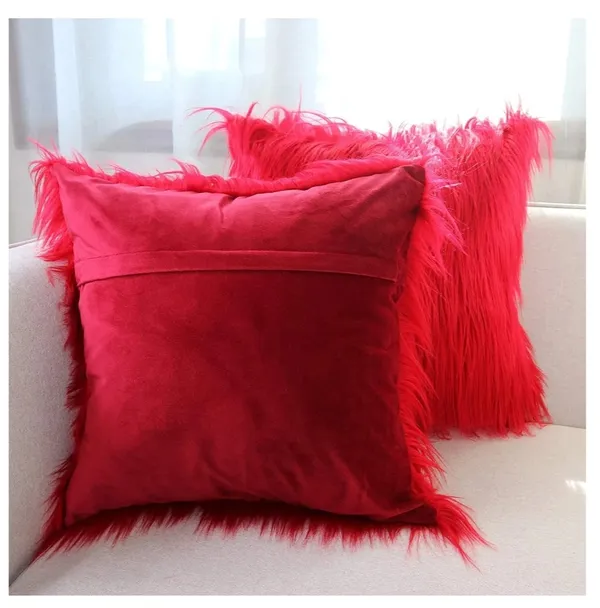 Set_Of_2_Red_velvet_Long_Fur_Design_Cushion_Cover_[16x16_Inches]
