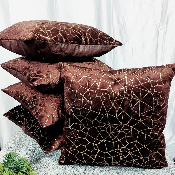 Set_Of_5_Brown_velvet_New_Dot_Line_Design_Cushion_Cover_[16x16_Inches]