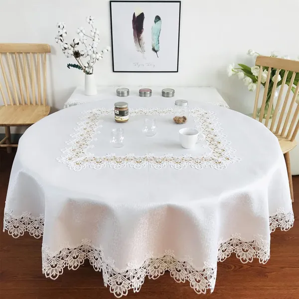 White_Starch_Polyster_Plain_Lace_Design_Round_Table_Cover