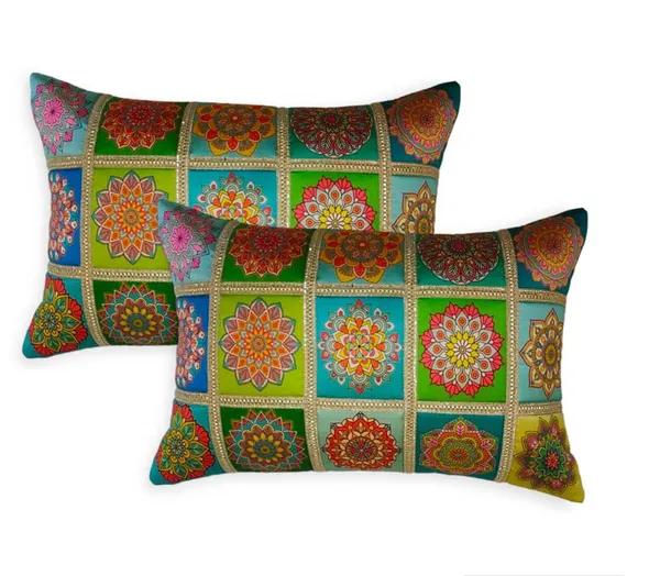 Set_Of_2_Green_Polyester_Rangoli_Design_Cushion_Cover_[12x18_Inches]